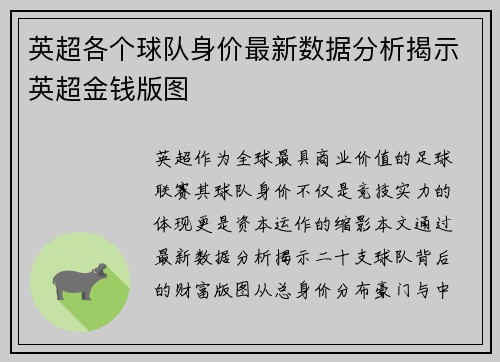 英超各个球队身价最新数据分析揭示英超金钱版图