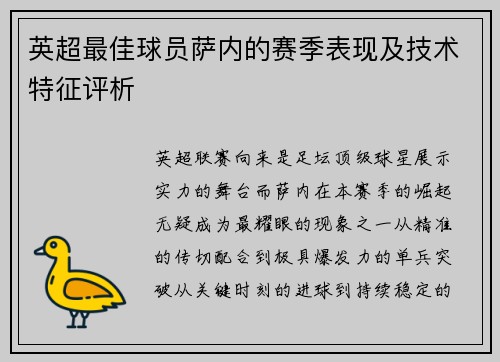 英超最佳球员萨内的赛季表现及技术特征评析