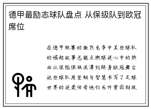 德甲最励志球队盘点 从保级队到欧冠席位