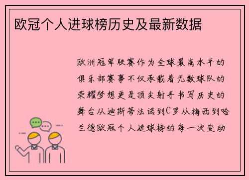 欧冠个人进球榜历史及最新数据