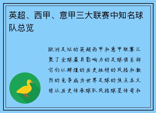 英超、西甲、意甲三大联赛中知名球队总览